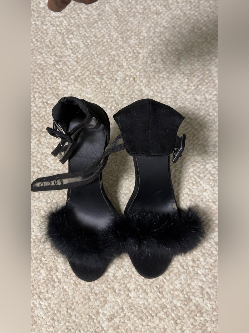 Black Faux Fur Ankle Strap Heels